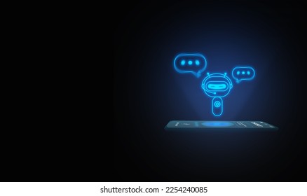 Digital chatbot, conversational agents, robot application, conversation assistant that mimic human speech. A tablet with digital AI chatterbot on virtual screen for online information. 