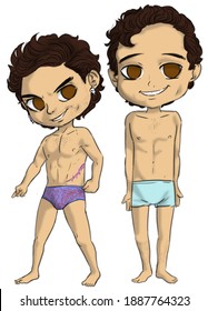 Digital chibi illustration of two men in their underwear, one tall and the other short, standing near each other