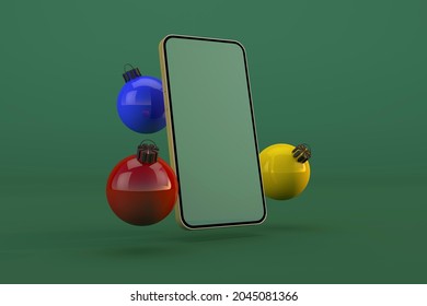 Digital Christmas With Gold IPhone Mockup And Christmas Balls. 3d Render