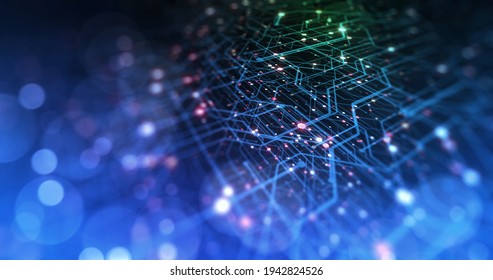 Digitale Schaltungskomponenten mit einem Partikelnetz. Technologischer Hintergrund und Hintergrund der Verbindungen. Abstrakte Hologramm 3D-Silizium-CPU mit futuristischer Matrix. 3D-Darstellung.