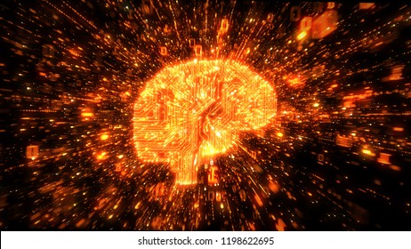 Digital Circuitry Brain With Orange Streams Of Exploding Binary Data