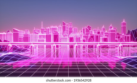 Digital City Futuristic Neon Skyscrapers Background Stock Illustration ...