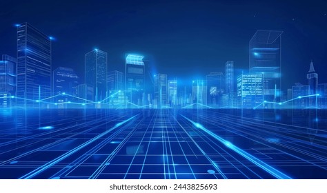 Digital city landscape with neon grid and abstract buildings