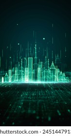 Digital cityscape abstract background, Abstract visualization of a cityscape rendered in neon green digital lines, Smart city technology and urban data networks. 3d rendering
