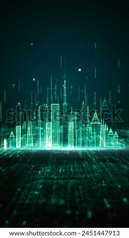 Digital cityscape abstract background, Abstract visualization of a cityscape rendered in neon green digital lines, Smart city technology and urban data networks. 3d rendering