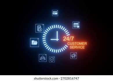 A digital clock with glowing elements illustrates 24 7 customer service. Icons around the clock signify different services like finance, data management, and support, emphasizing AI integration.