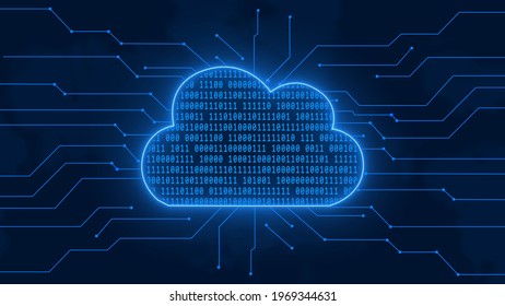 Digital cloud computing concept in blue - binary code into data cloud between information connecting lines - 3D-Illustration