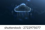 digital cloud interface representing data upload and storage, featuring a network of connections and glowing particles on a dark blue background.