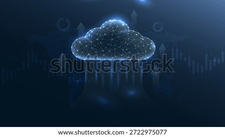 digital cloud interface representing data upload and storage, featuring a network of connections and glowing particles on a dark blue background.
