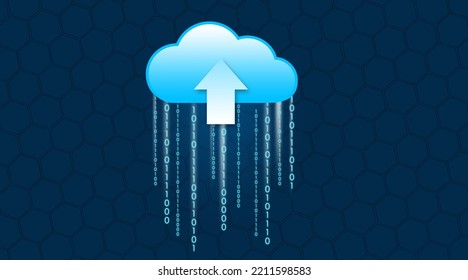 Digital Cloud With One Arrow And Flowing Binary Code 1 And 0 From The Cloud. Illustration With Digital Cloud On A Blue Background. Technology, Global, Coding, Data, Binary, Business.