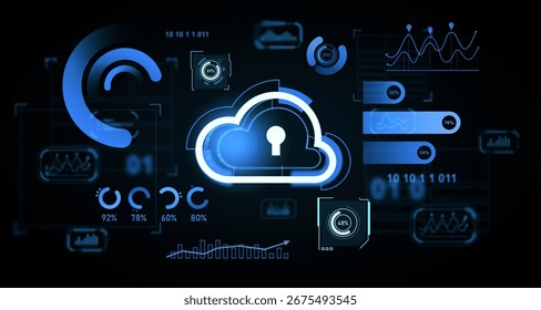 Digital cloud security interface with futuristic data analytics, glowing lock icon, and circular progress indicators on dark tech background. Concept of cybersecurity. 3D Rendering