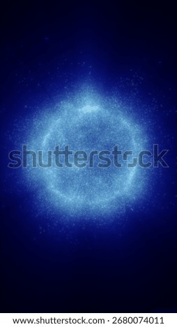 Digital cloud of tiny glowing blue particles forming a cosmic ring against a dark background.