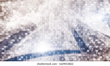 Digital code on blur city background. Abstract Binary code.