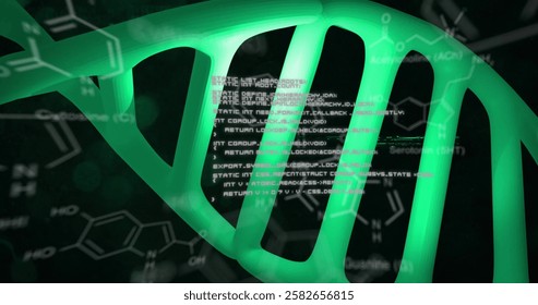 Digital code overlay on glowing DNA strand, illustrating genetic research technology. Genetics, biotechnology, DNA analysis, innovation, futuristic, science
