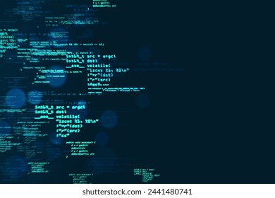 Digital code streams featuring programming symbols and data on a dark blue background, representing cyberspace and digital technology. 3D Rendering