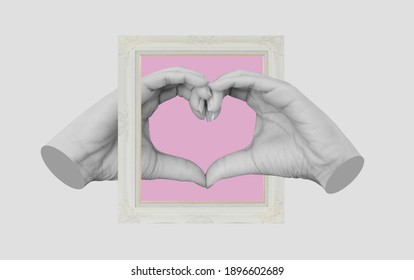 Digital Collage Modern Art, Hands Making Heart Symbol, With Retro Picture Frame