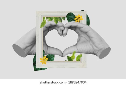 Digital Collage Modern Art, Hands Making Heart Symbol, With Retro Picture Frame And Tropical Leaves And Flower