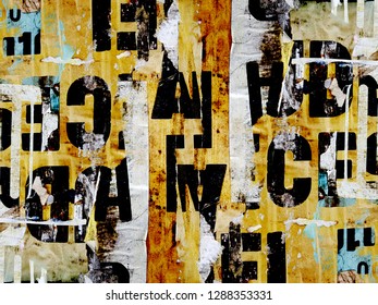 Digital collage of random letter texture on torn paper signs