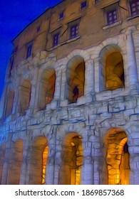 Digital Color Painting Style Of A Nocturnal Glimpse Of The Ruins Of The Roman Empire In Rome