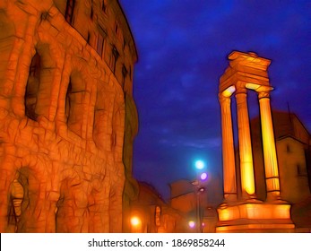 Digital Color Painting Style Of A Nocturnal Glimpse Of The Ruins Of The Roman Empire In Rome