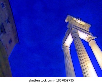 Digital Color Painting Style Of A Nocturnal Glimpse Of The Ruins Of The Roman Empire In Rome