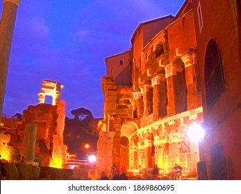 Digital Color Painting Style Of A Nocturnal Glimpse Of The Ruins Of The Roman Empire In Rome