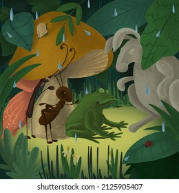 Digital colorful cartoon flat illustration and rabbit  butterfly  frog   ant sitting under the mushroom while raining