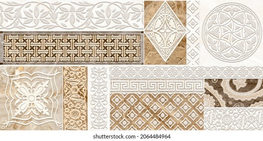 Digital Colorful Wall Tile Design For Washroom And Kitchen. Marble Seamless Background With Geometric Shapes, Monogram Floral Ornament. Template For Textile, Apparel, Card, Invitation, Wedding Etc