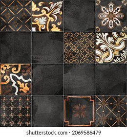 Digital colorful wall tile design for washroom and kitchen. Italian ceramic tile pattern on the cement. Ethnic folk ornament. Mexican talavera, Portuguese azulejo or Spanish majolica.