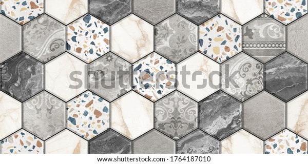 Digital colorful wall tile design for washroom and kitchen. Marble seamless background with geometric shapes, monogram floral ornament. Template for textile, apparel, card, invitation, wedding etc.