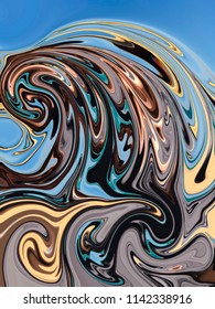 A Digital Colourful Drawing Of A Tsunami Wave With Elements Of Gold, Silver And Copper.