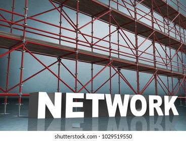 Digital composite of 3D word network in front of scaffolding in blue room
