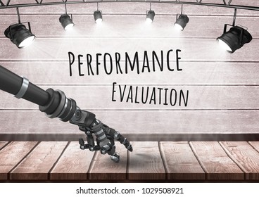 Digital composite of Android hand pointing and Performance evaluation text with spotlights on wood
