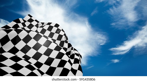 Digital composite of checkered flag waving against cloudy sky