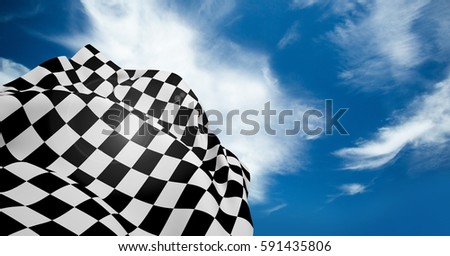 Digital composite of checkered flag waving against cloudy sky
