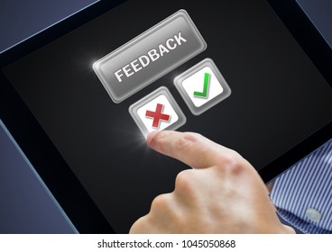 Digital composite of Hands holding tablet with feedback buttons