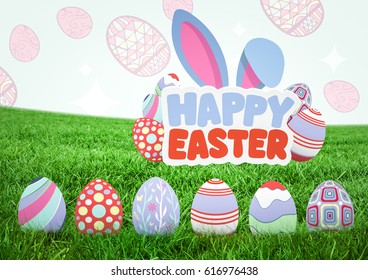 Digital composite of Happy Easter text with Easter eggs on grass with pattern