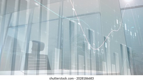 Digital composite image of financial data processing against empty office. global finance and business concept