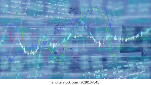 Digital composite image of financial data processing against empty office desk. global finance and business concept
