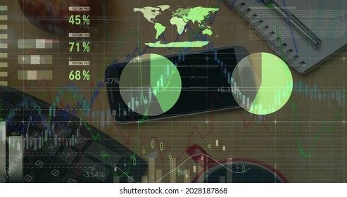 Digital composite image of financial data processing office equipment on office desk. global finance and business concept