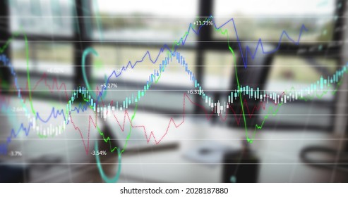 Digital composite image of financial data processing against empty office desk. global finance and business concept
