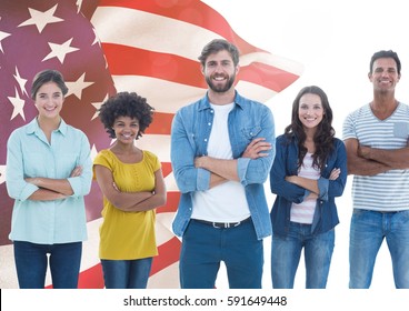 Digital composite image of friends group standing with arms crossed against american flag