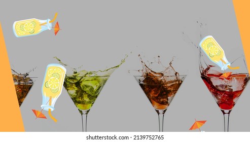 Digital composite image of liquor bottles falling over martini glasses with splashing cocktails. alcoholic drink and happy hours concept. - Powered by Shutterstock