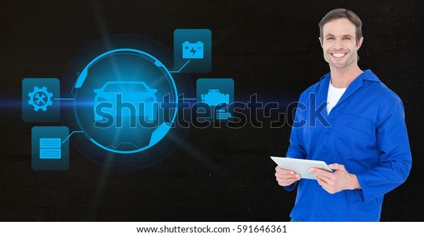 Digital composite image\
of mechanic holding digital tablet against car mechanic interface\
in background