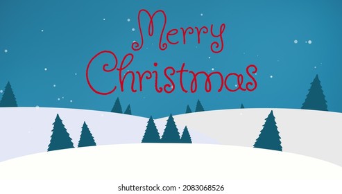 Digital composite image of merry christmas text on snowcapped landscape with trees against night sky. christmas greeting, winter landscape and creativity. - Powered by Shutterstock