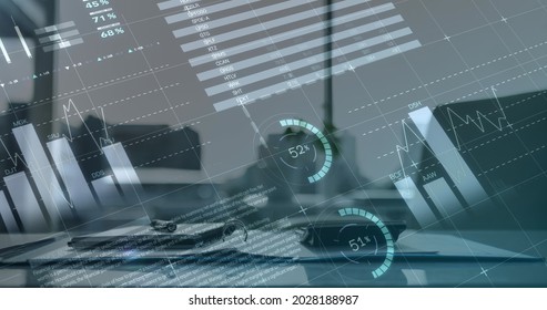 Digital composite image of statistical and financial data processing against empty office. finance and business concept