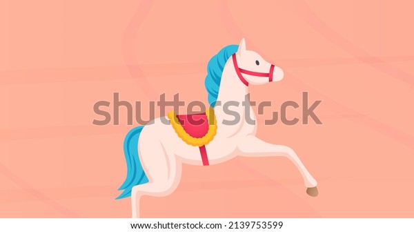 Digital composite image of white horse running\
over pink background. preakness stakes, creative and animal\
representation\
concept.