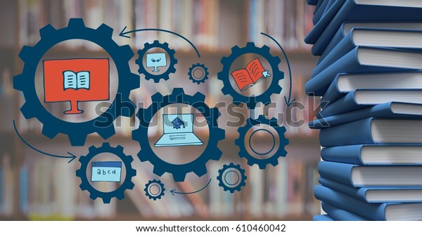 Digital composite of Pile of books with blue gear graphics against blurry bookshelf