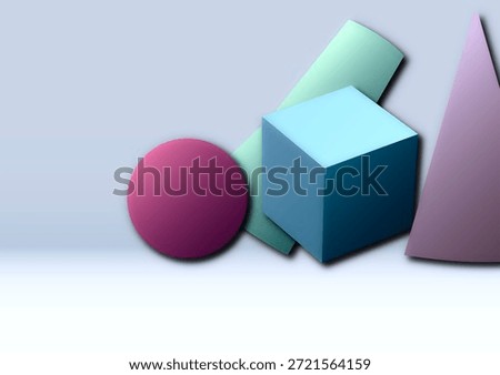 Digital composition of three-dimensional geometric shapes—sphere, cube, cylinder, and cone—with soft light and shadows. The pastel colors create a sense of balance, calm, and volume.