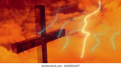 Digital composition of thunder effect over cross against clouds in the sky. christian religion and easter concept
